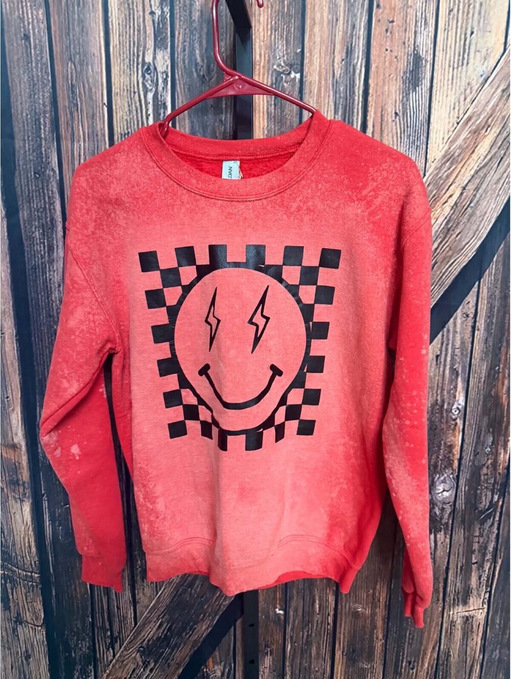 Gildan Heavy Blend Red Graphic Sweatshirt with Smiley Face and Lightning Bolt
